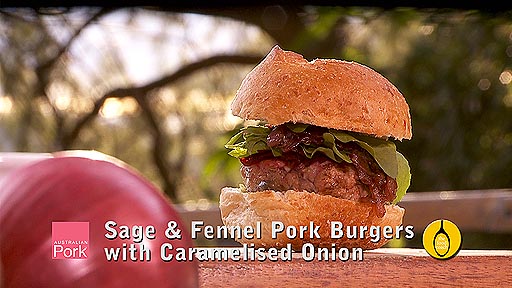 Sage and fennel pork burgers with caramelised onions