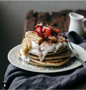 Buckwheat Pancakes with Strawberries, Rhubarb, Yoghurt and Ginger
