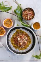 Passionfruit, chia and coconut porridge with toasted nuts