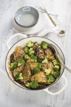 Vietnamese grilled chicken in kaffir lime leaves with broccoli and eggplant