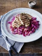 Grilled pork fillet with braised red cabbage and apple