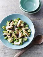 Grilled chicken with broad bean, avocado and olive salad