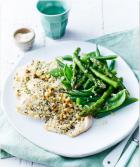 Sage and parmesan turkey scaloppine with bean and asparagus salad